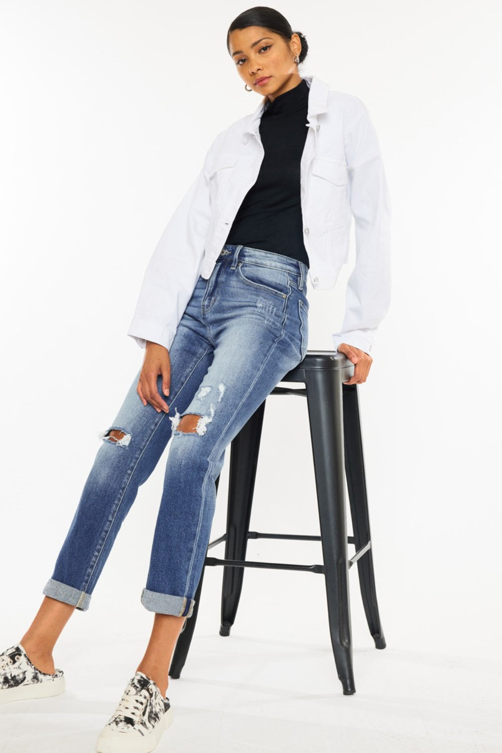 KanCan High Waist Distressed Hem Detail Cropped Straight Jeans