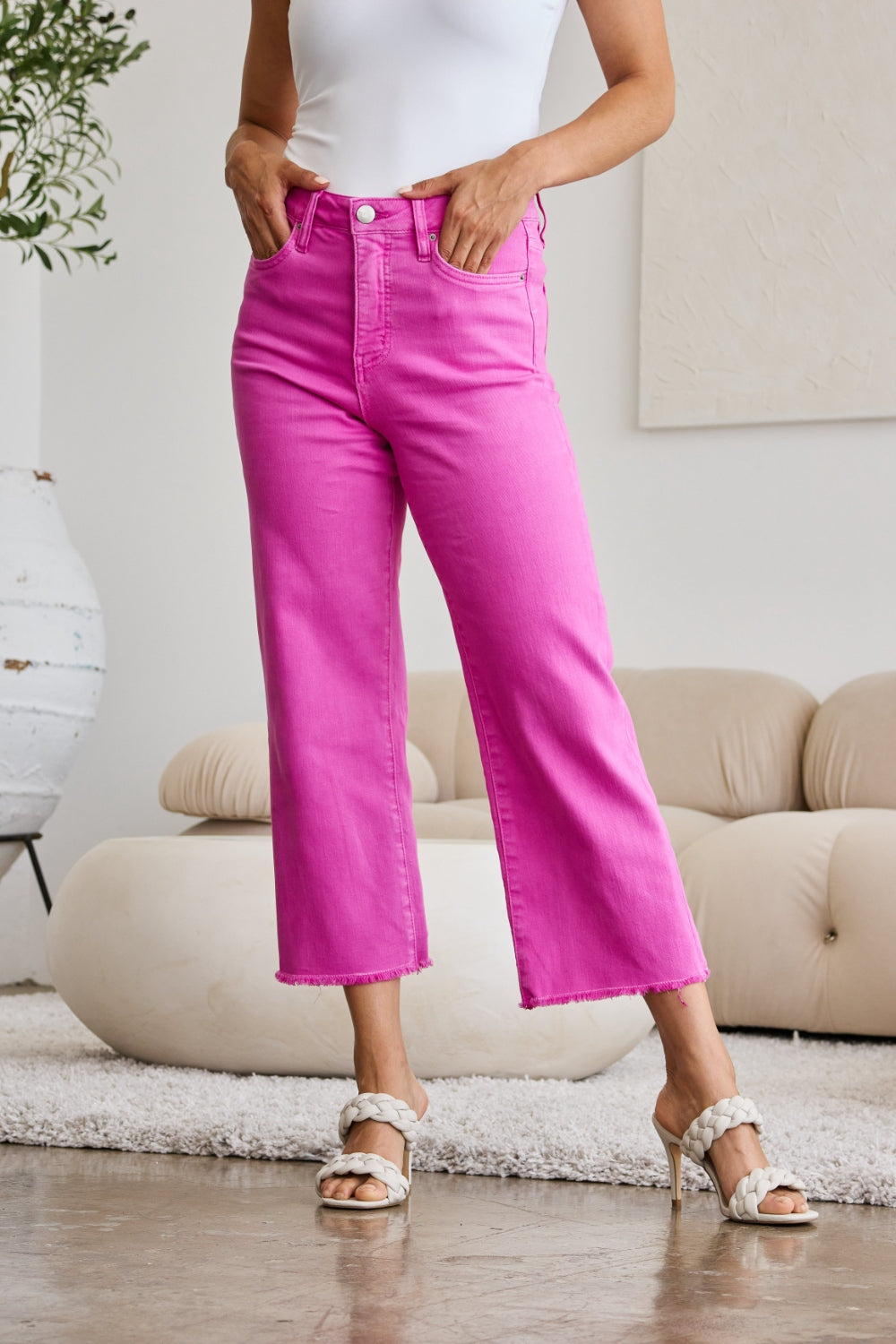 RFM Chloe Tummy Control High Waist Raw Hem Cropped Jeans-Pink Rouge