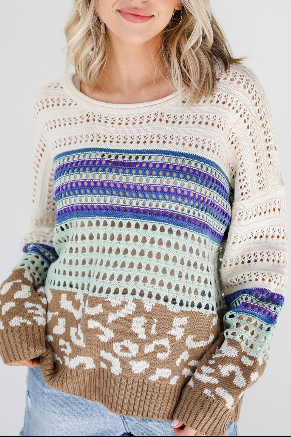 Leopard Striped Crochet Knit Top