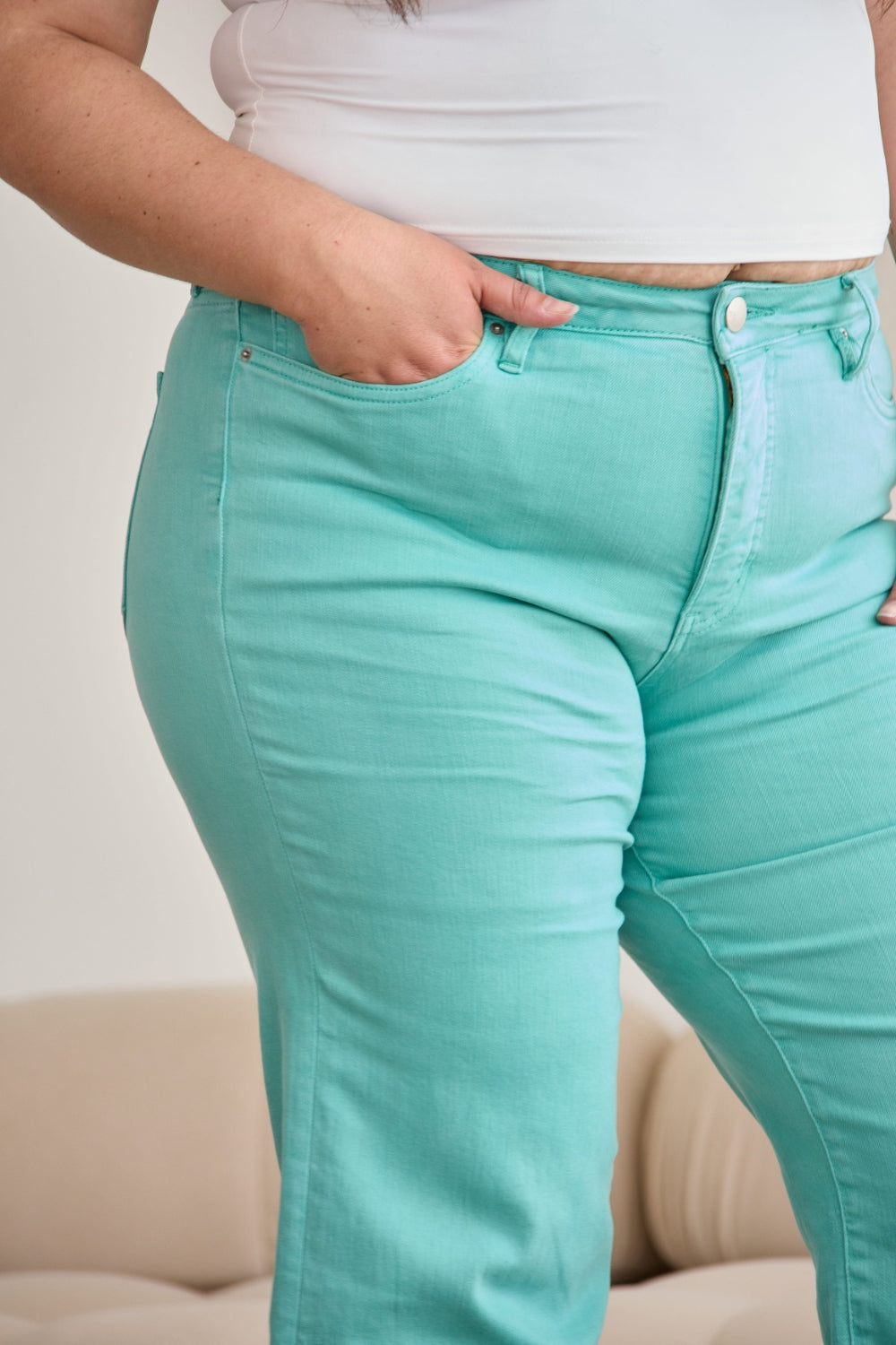 RFM Chloe Tummy Control High Waist Raw Hem Cropped Jeans-Island Green