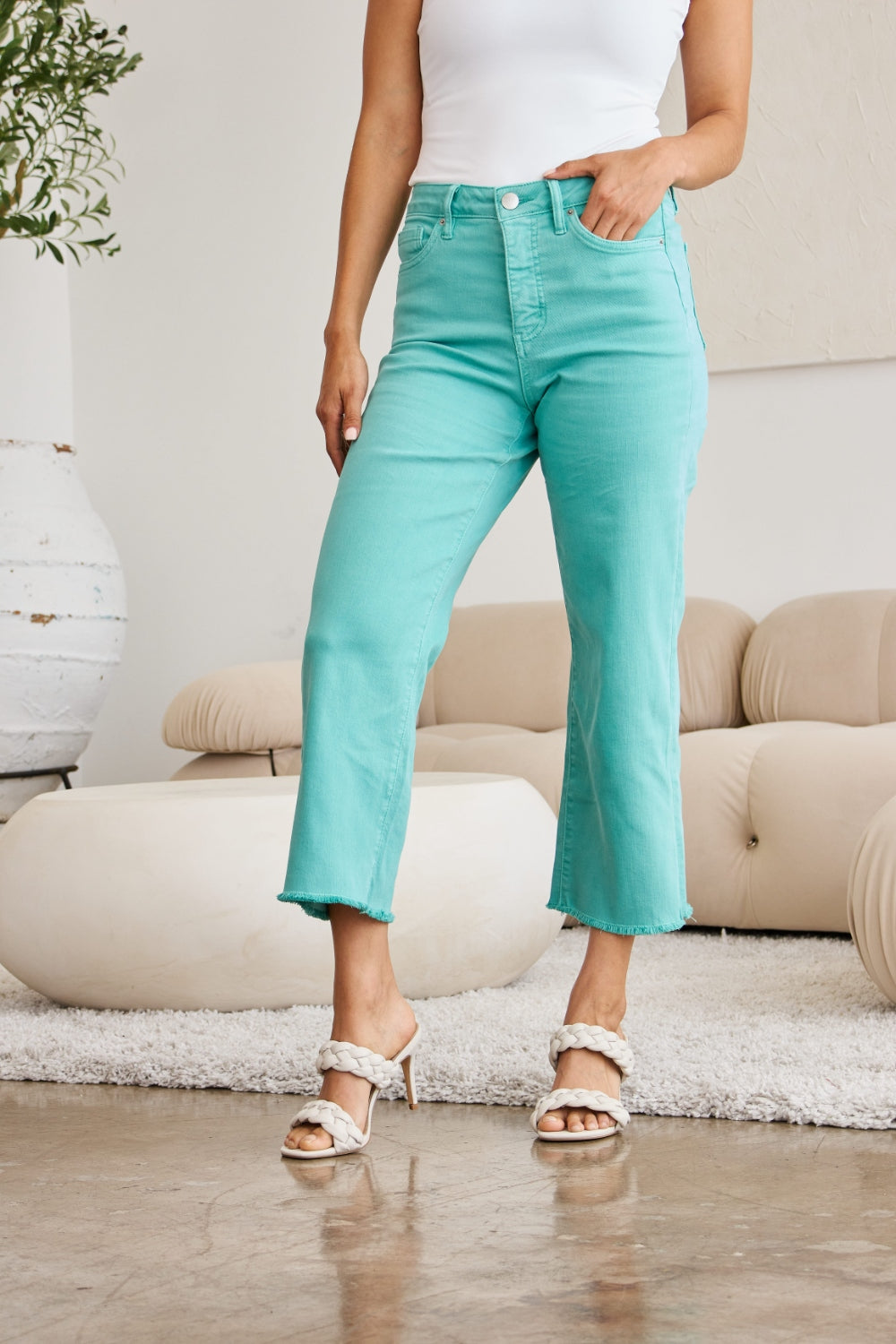 RFM Chloe Tummy Control High Waist Raw Hem Cropped Jeans-Island Green