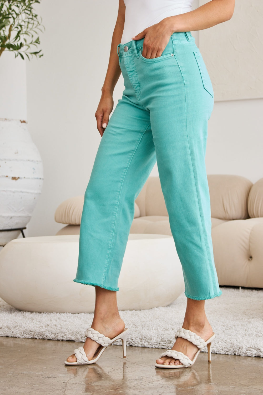 RFM Chloe Tummy Control High Waist Raw Hem Cropped Jeans-Island Green