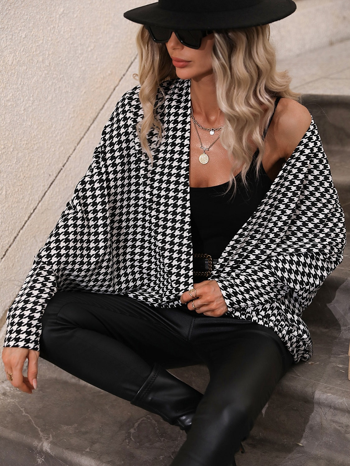 Houndstooth Batwing Sleeve Cardigan
