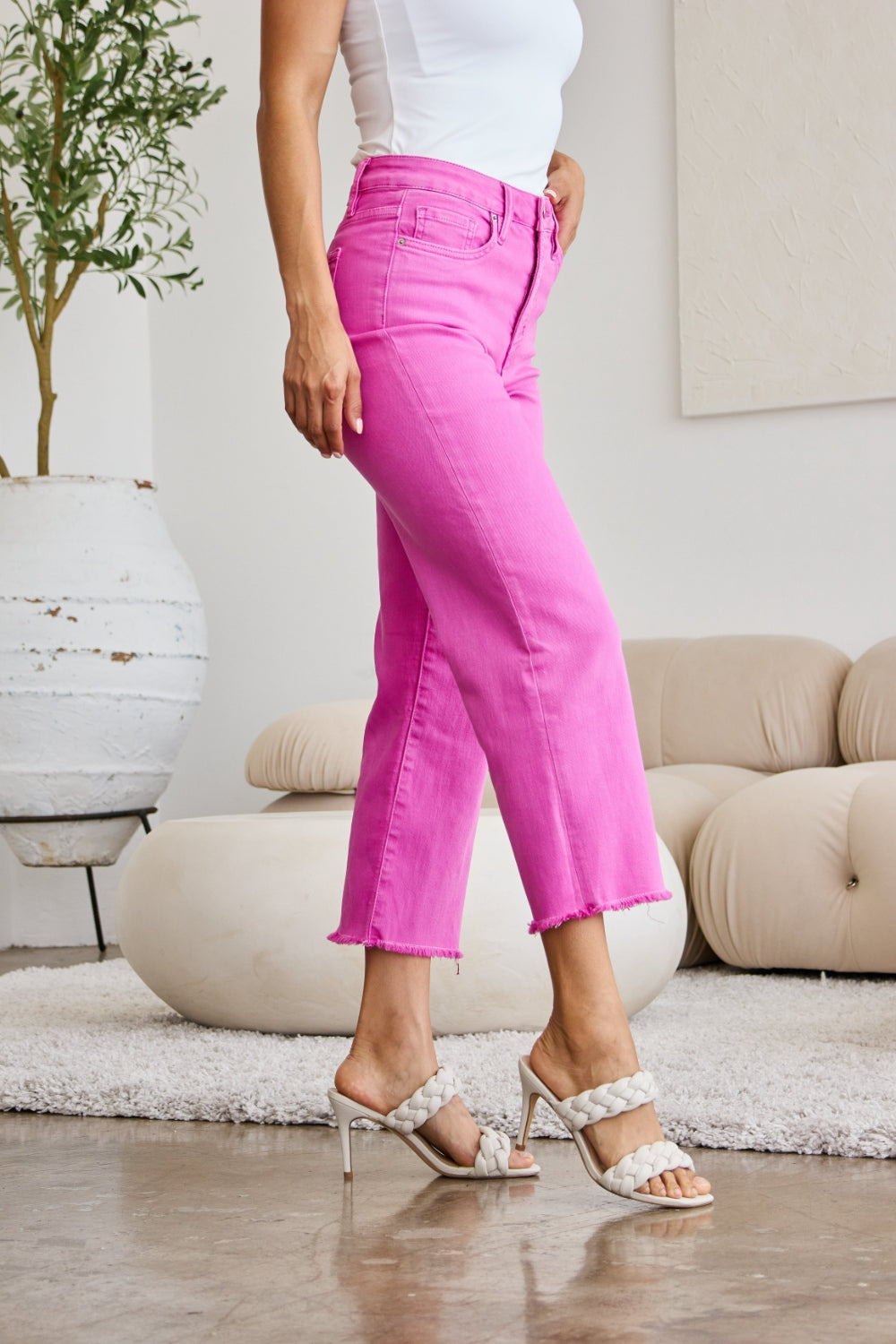 RFM Chloe Tummy Control High Waist Raw Hem Cropped Jeans-Pink Rouge