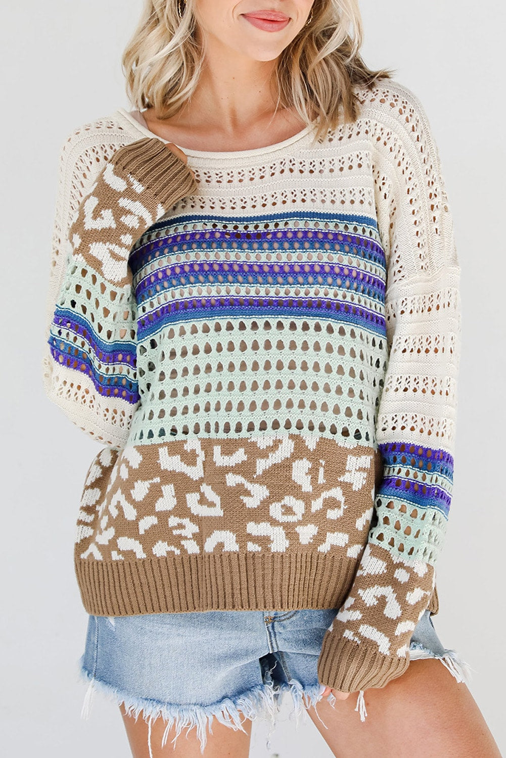 Leopard Striped Crochet Knit Top