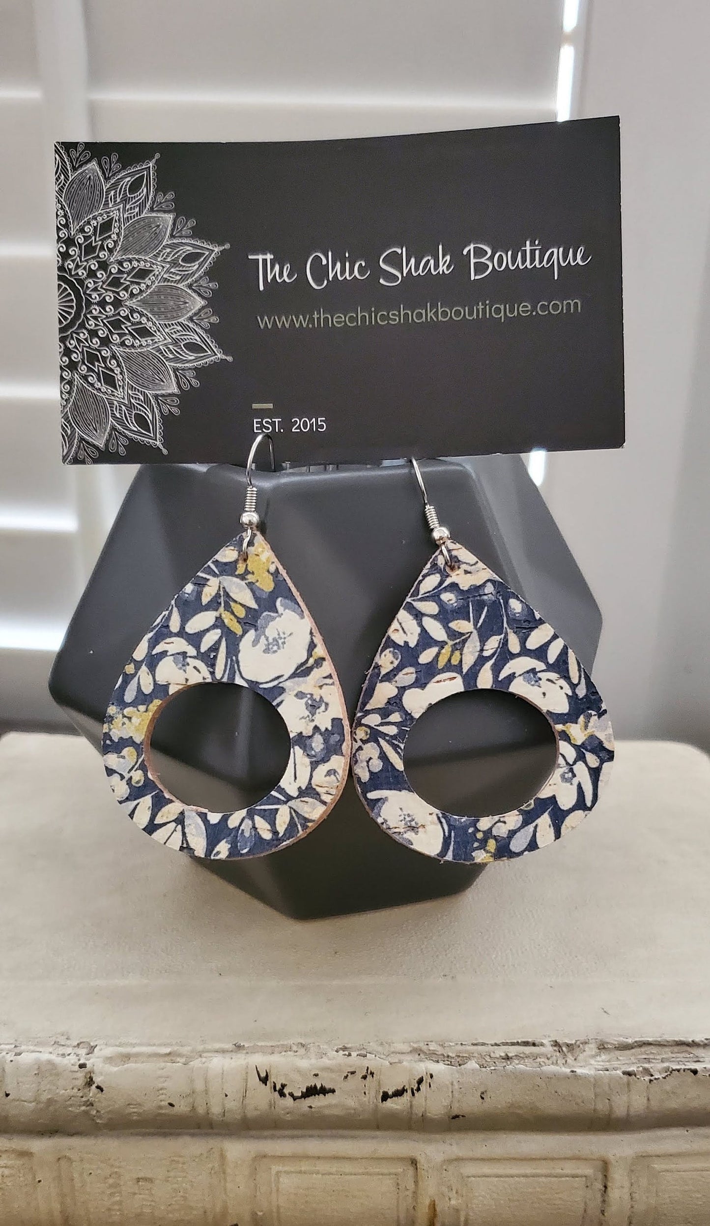 Navy Floral Cork/Leather Earrings