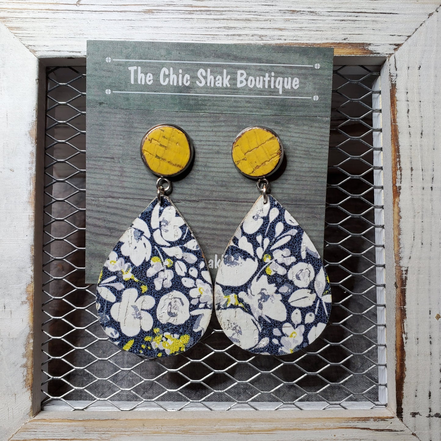 Navy Floral Cork/Leather Earrings