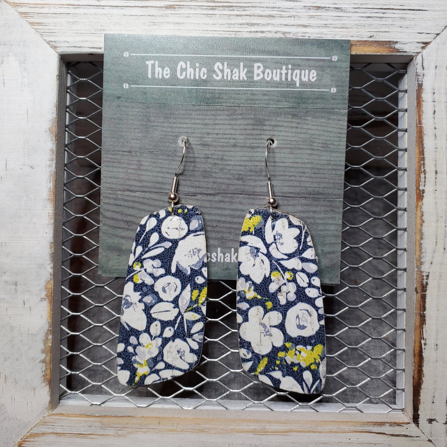 Navy Floral Cork/Leather Earrings