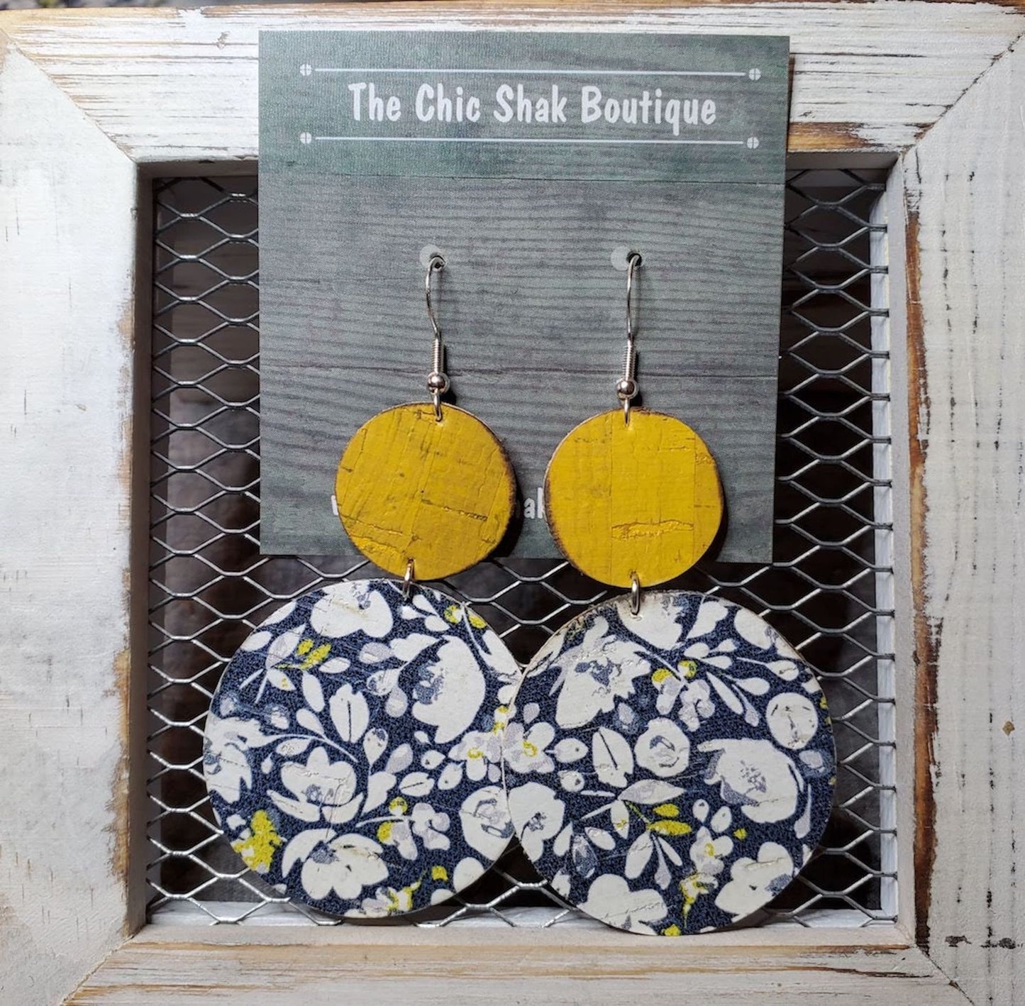 Navy Floral Cork/Leather Earrings