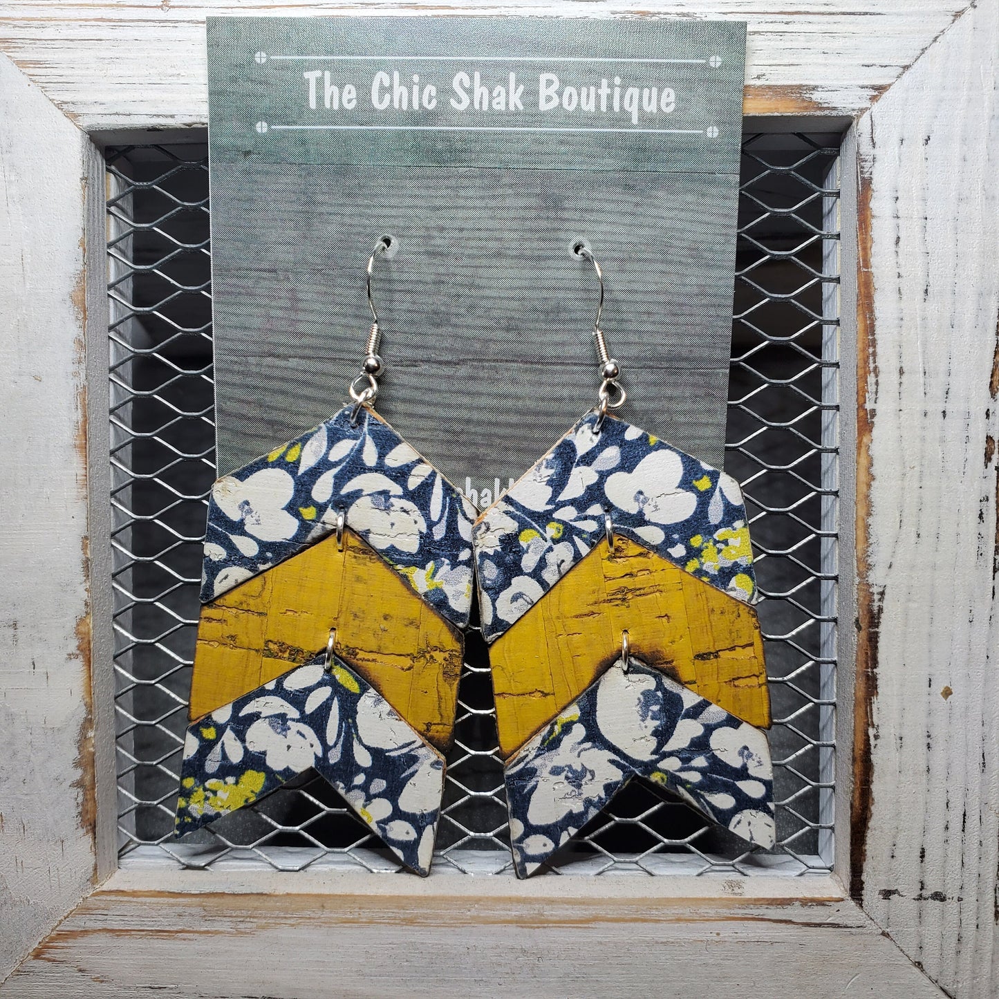 Navy Floral Cork/Leather Earrings
