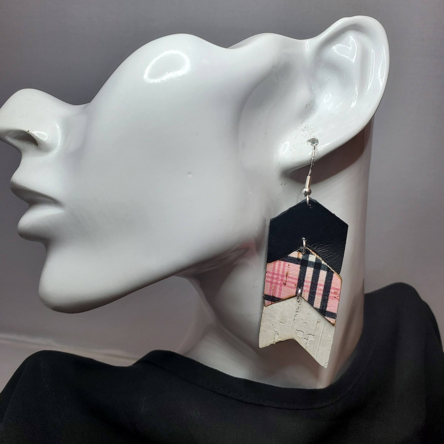Black & Pink Plaid Cork/Leather Earrings