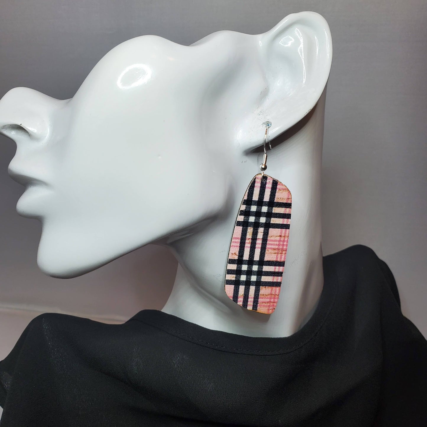 Black & Pink Plaid Cork/Leather Earrings