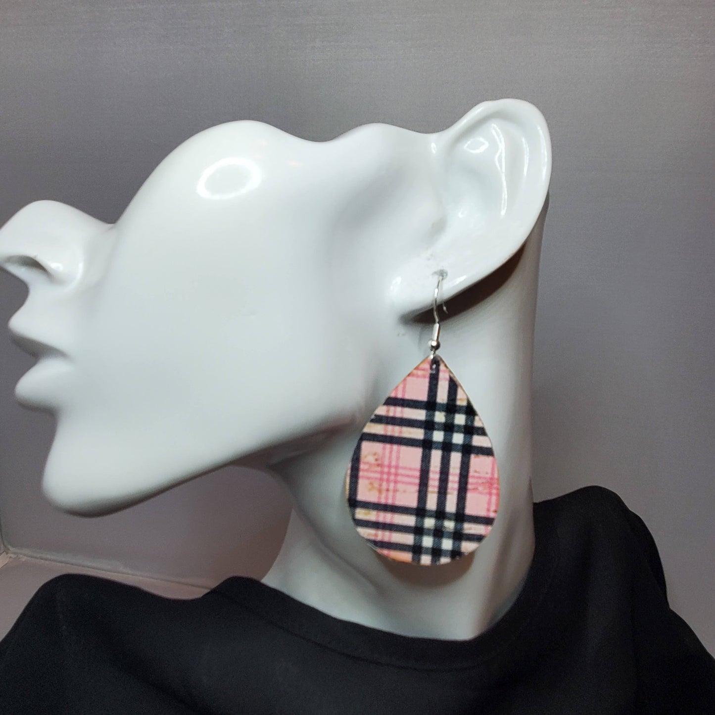 Black & Pink Plaid Cork/Leather Earrings