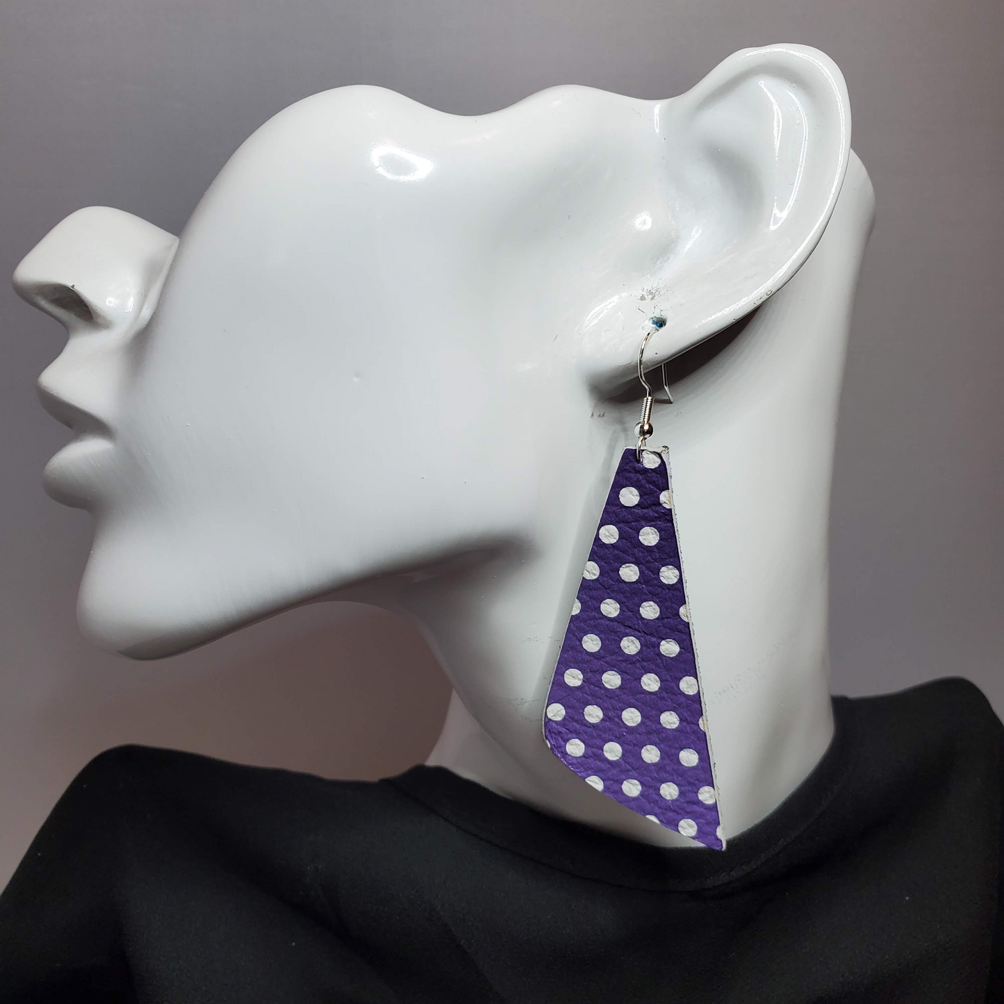 White Polka Dots on Purple Leather Earrings