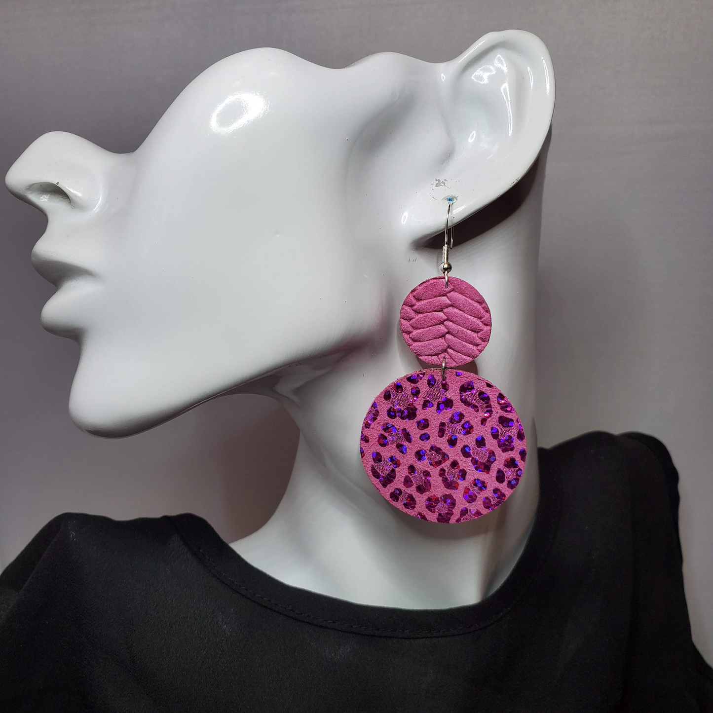 Hot Pink Metallic Leopard Leather Earrings