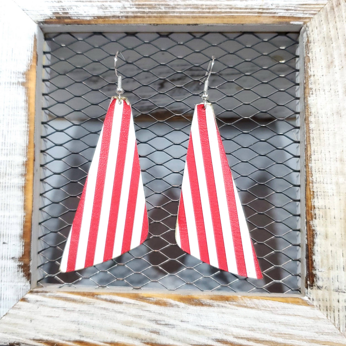 Red/White Stripe Leather Earrings