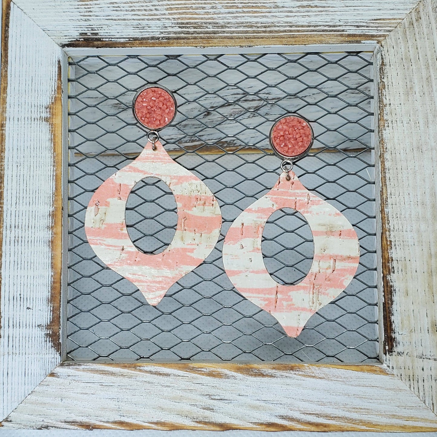 Coral and White Cork/Leather Earrings