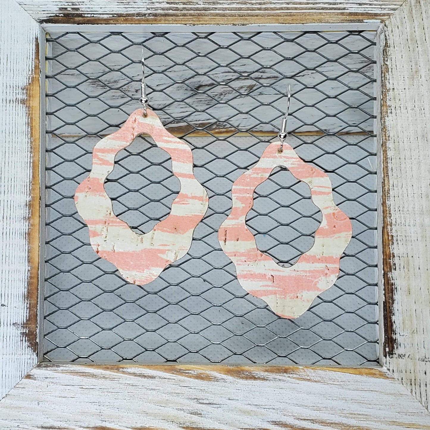 Coral and White Cork/Leather Earrings