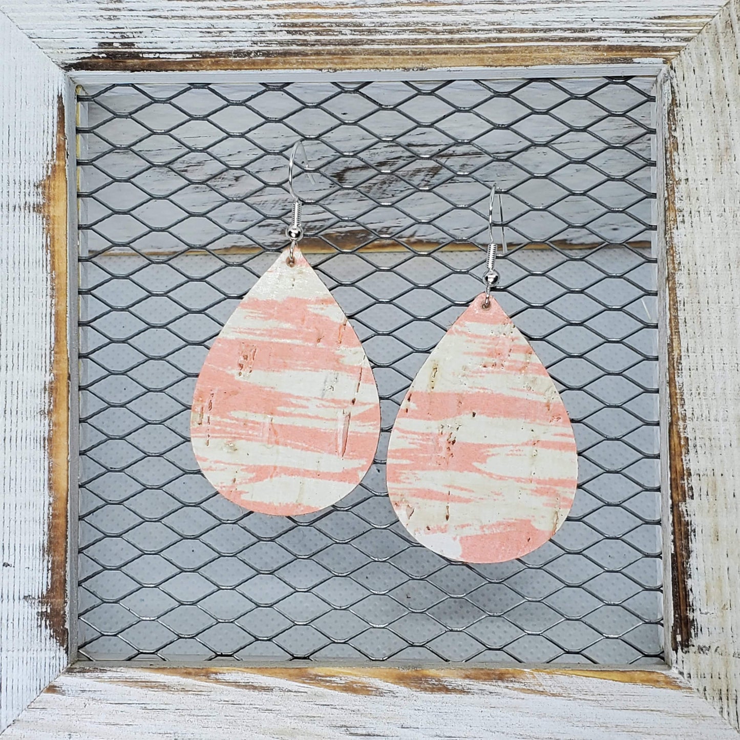 Coral and White Cork/Leather Earrings