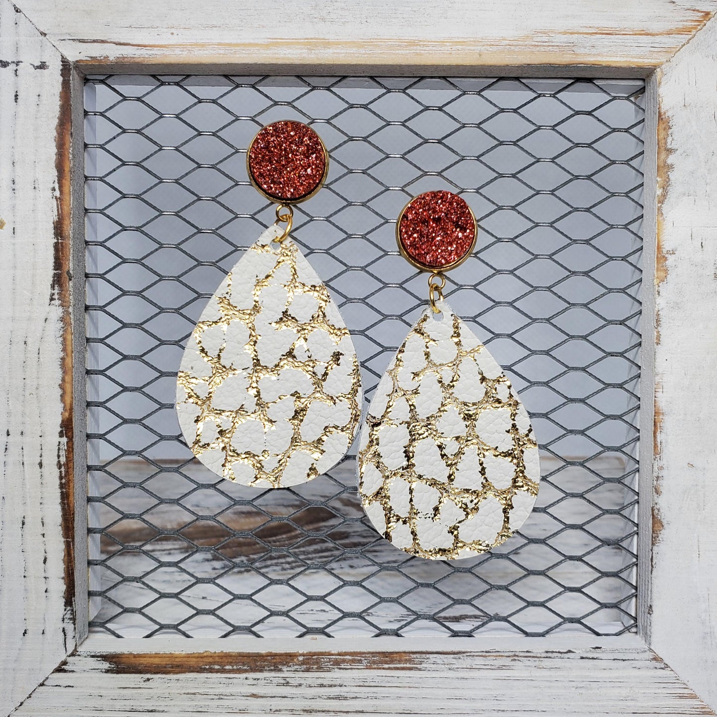 Metallic Gold and Ivory Leather Earrings
