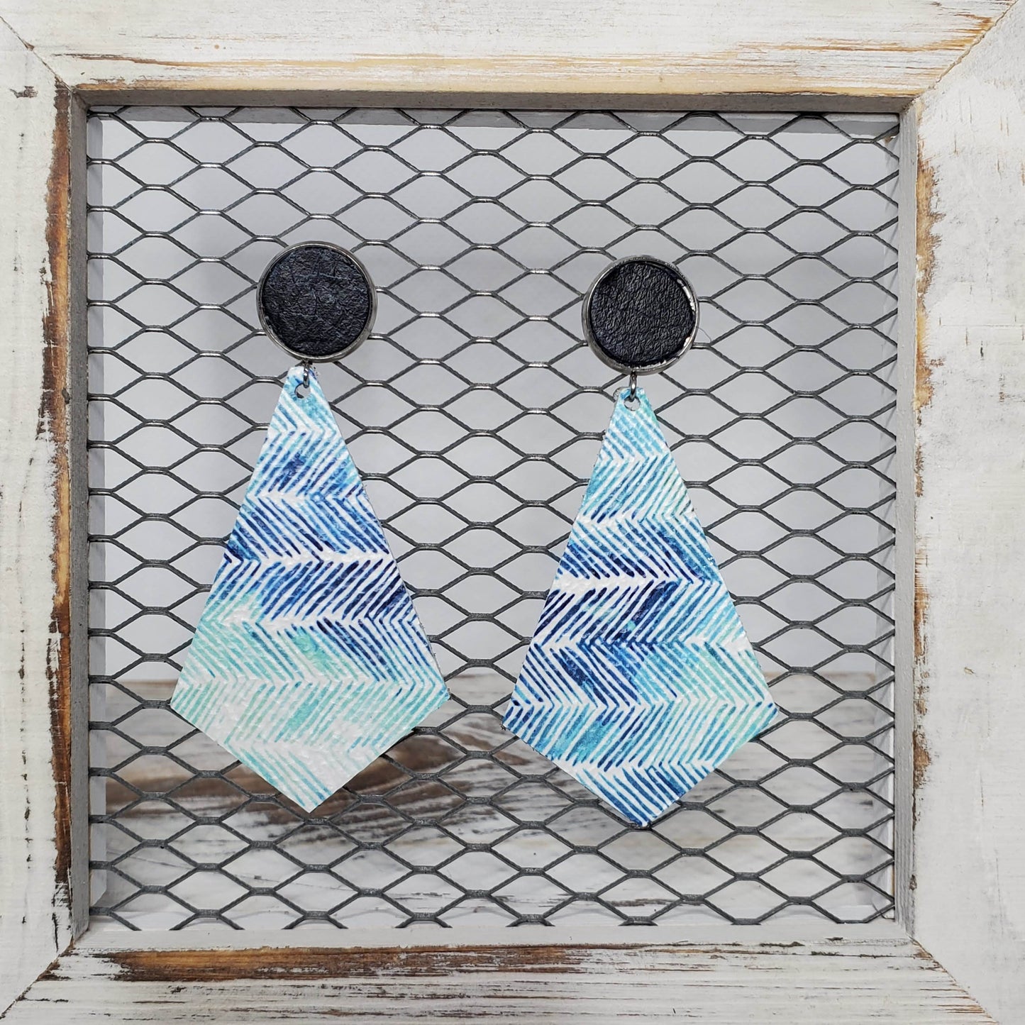 Sea Aqua Broken Chevron Leather Earrings