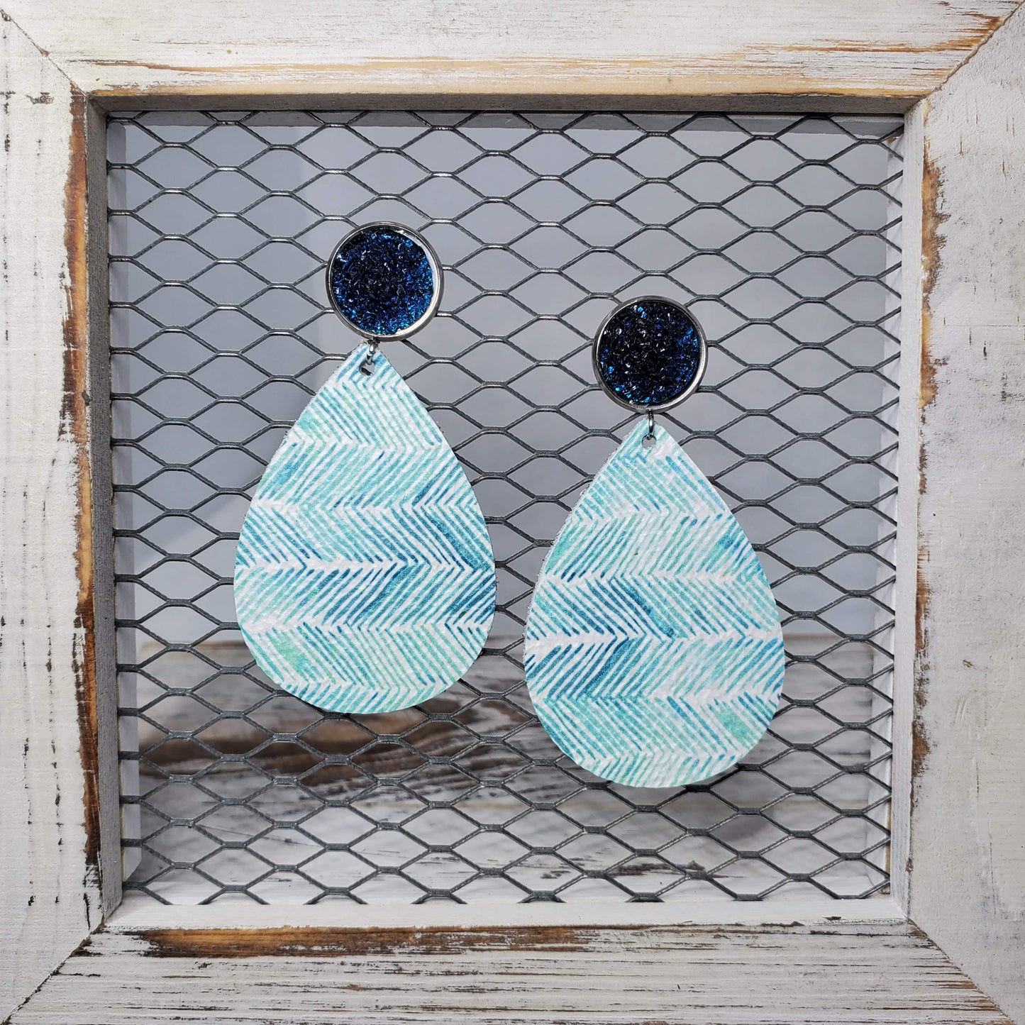 Sea Aqua Broken Chevron Leather Earrings