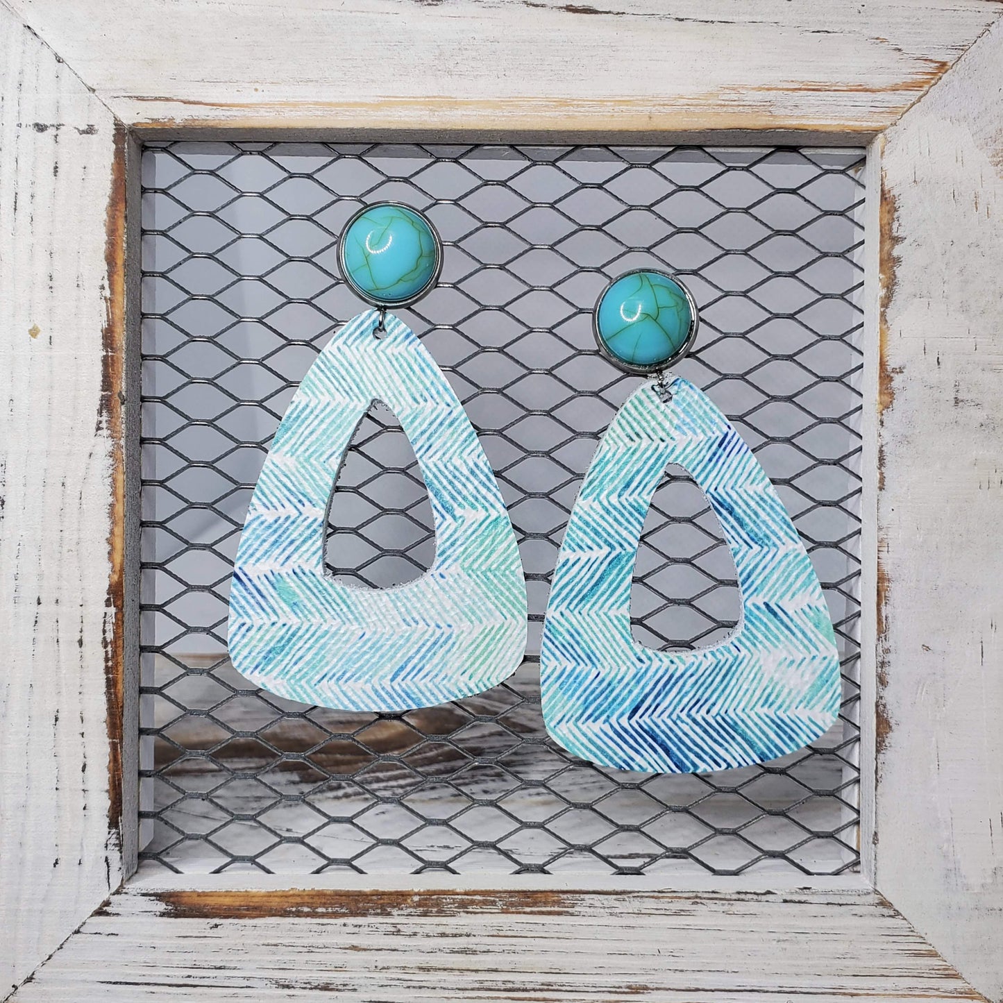 Sea Aqua Broken Chevron Leather Earrings