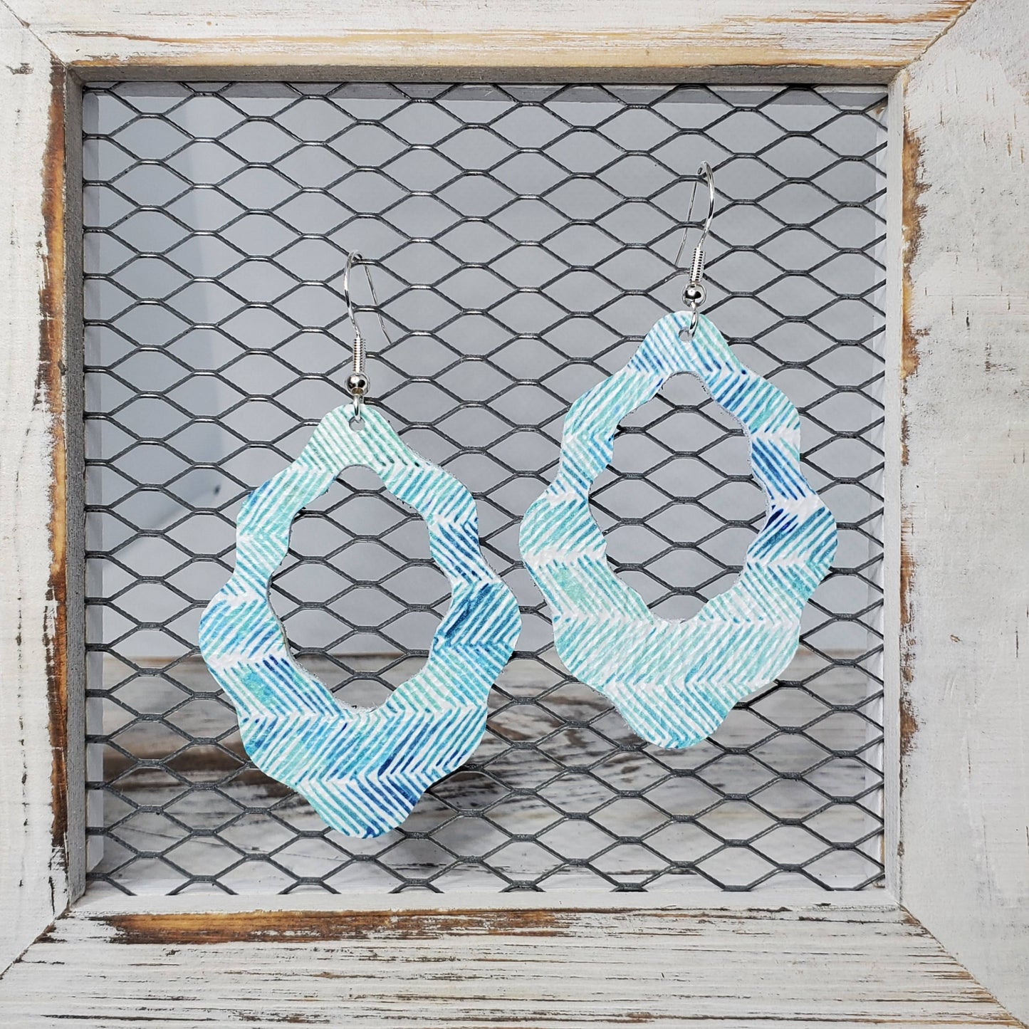 Sea Aqua Broken Chevron Leather Earrings