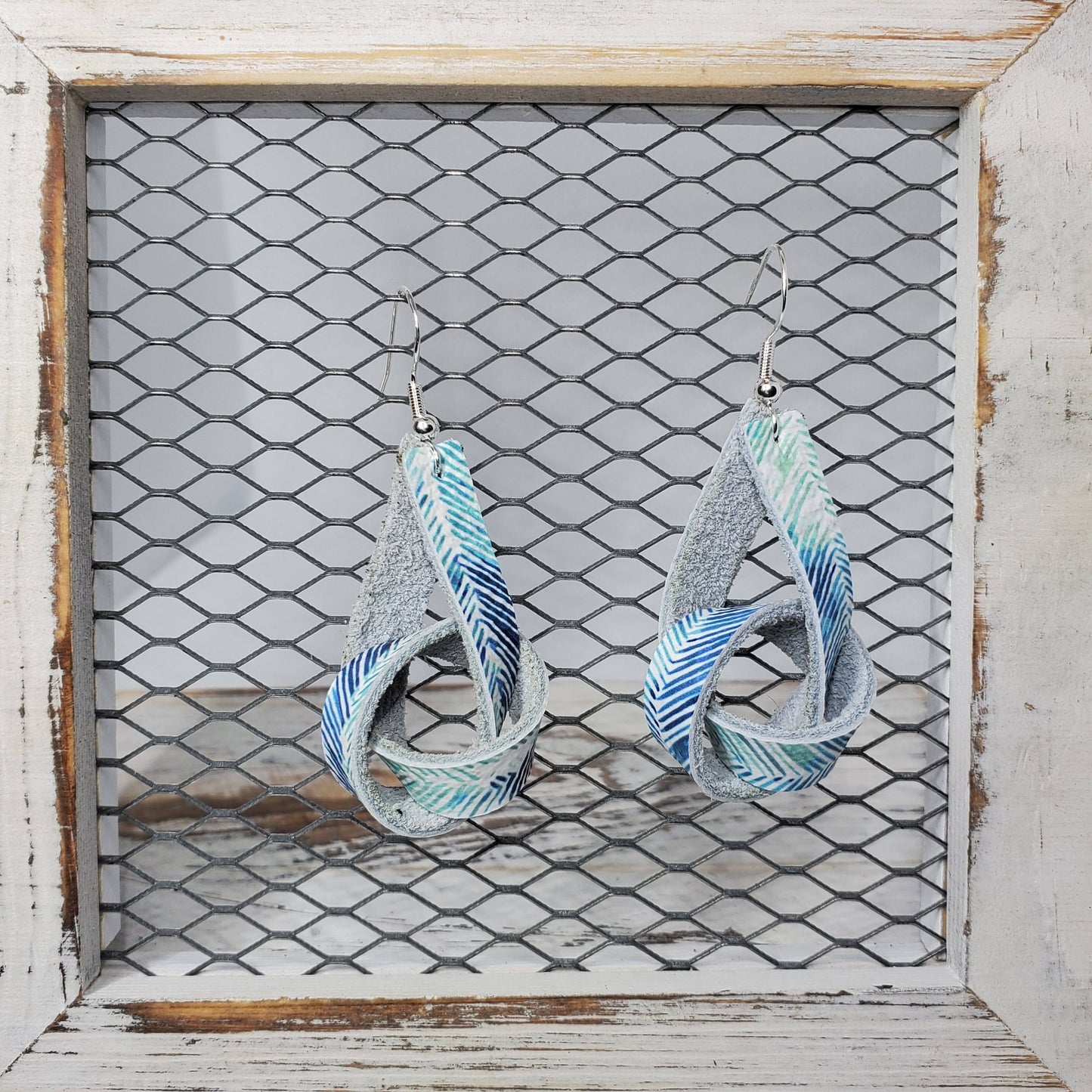 Sea Aqua Broken Chevron Leather Earrings