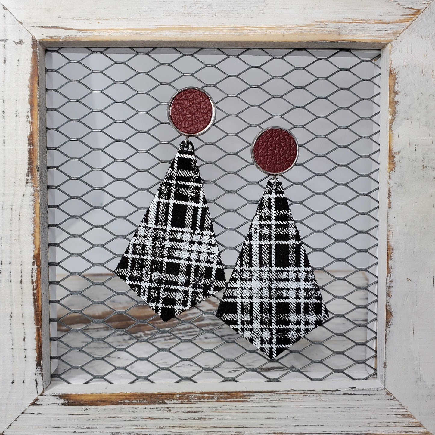 White Plaid On Black Leather Earrings