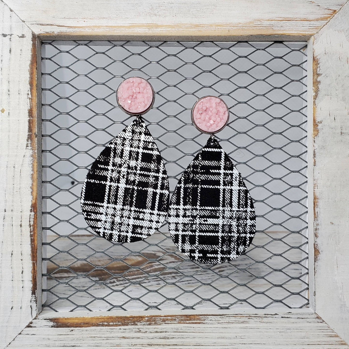 White Plaid On Black Leather Earrings