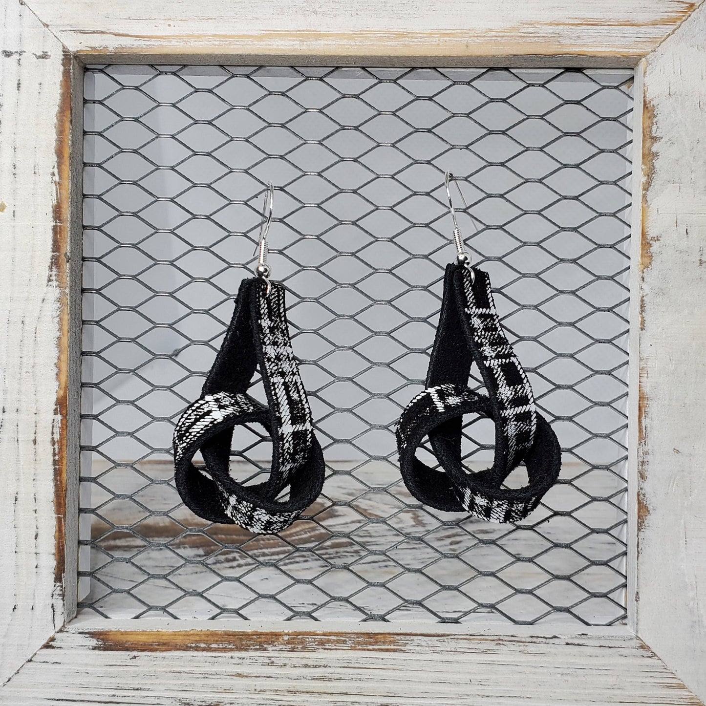 White Plaid On Black Leather Earrings