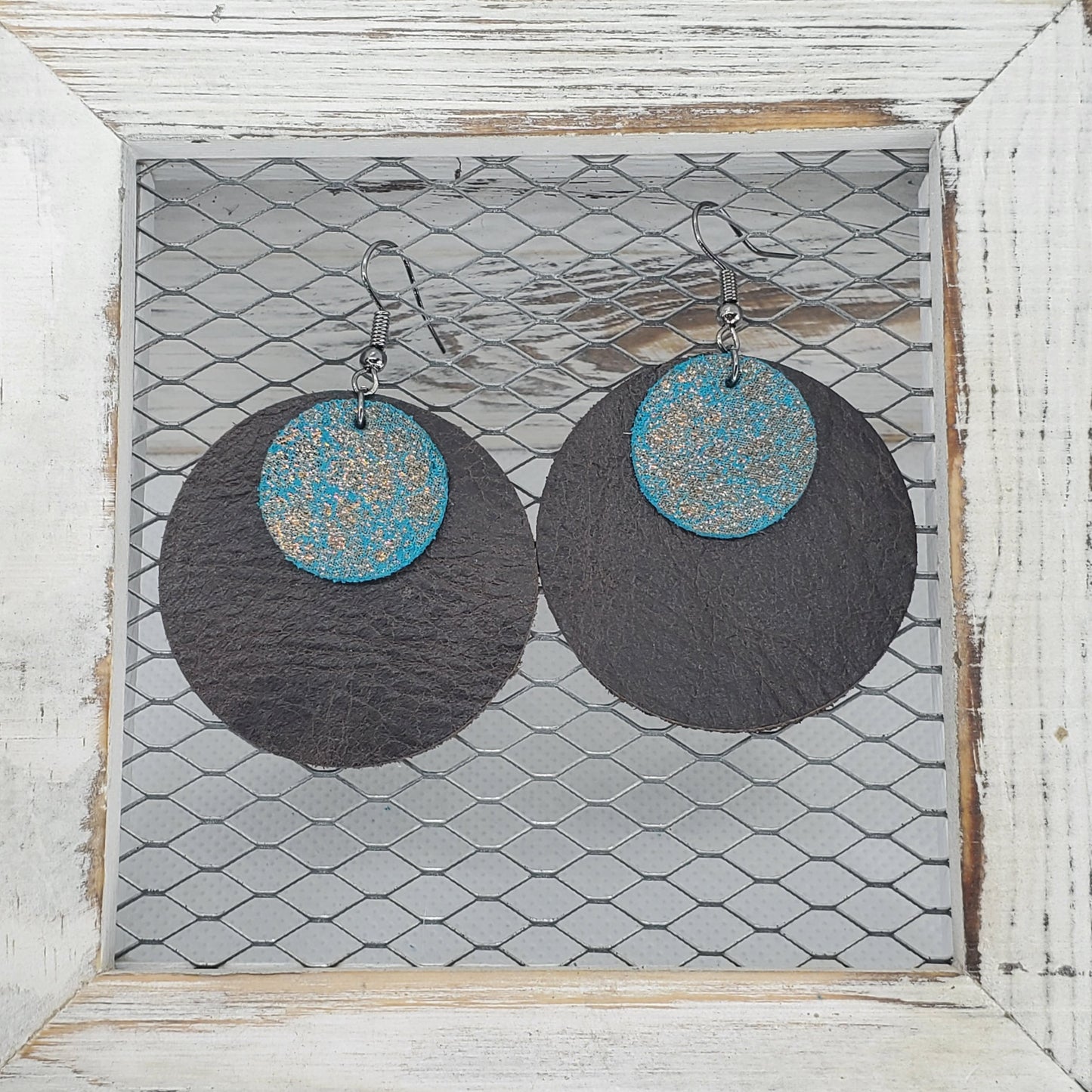 Crackle Bronze on Turquoise Leather Earrings