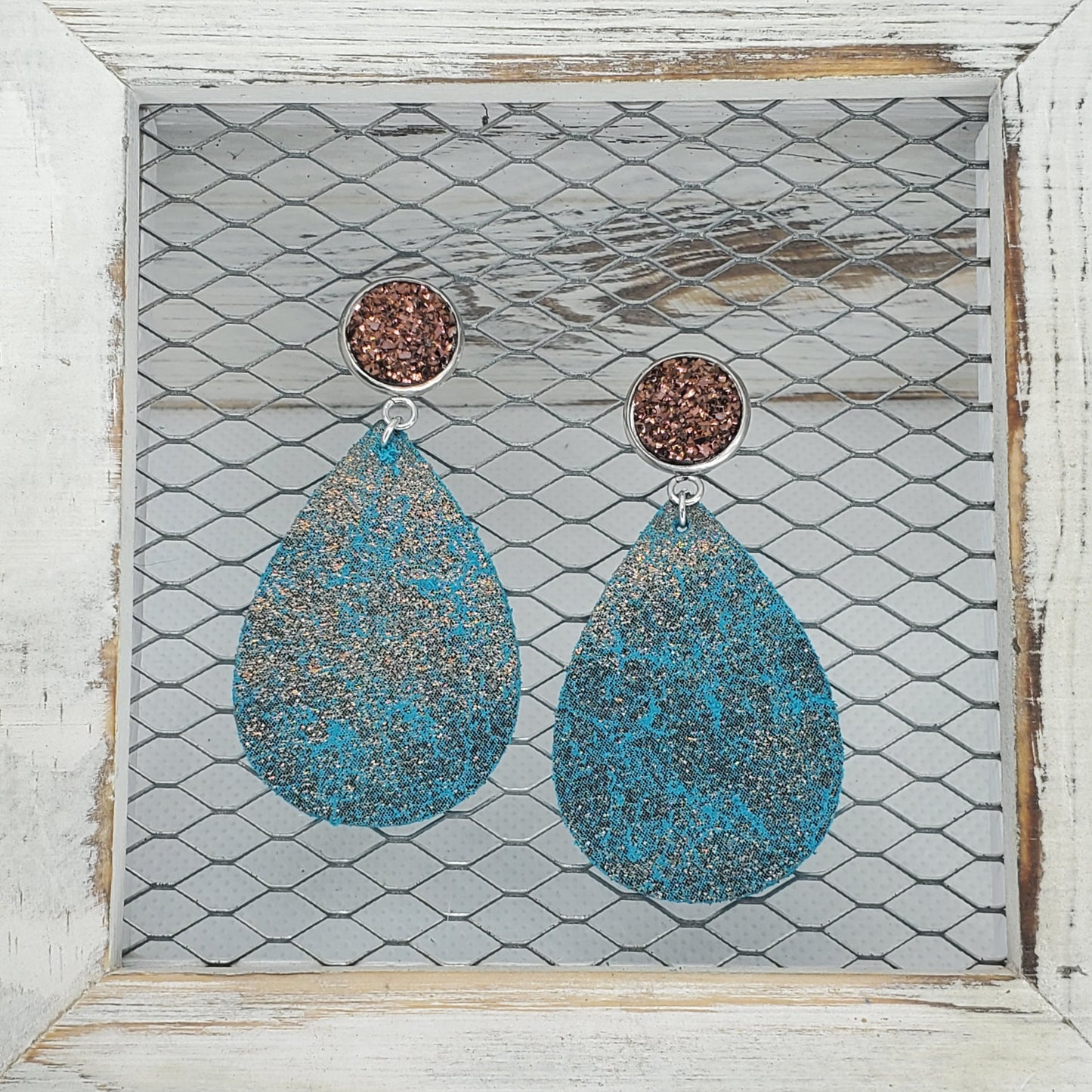 Crackle Bronze on Turquoise Leather Earrings