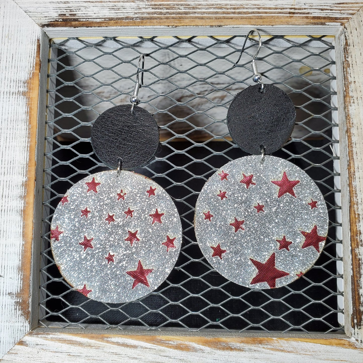 Red Stars & Silver Glitter Leather Earrings