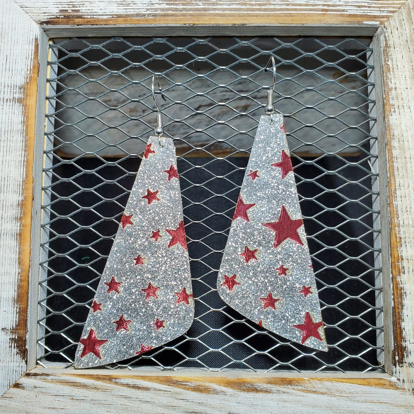 Red Stars & Silver Glitter Leather Earrings