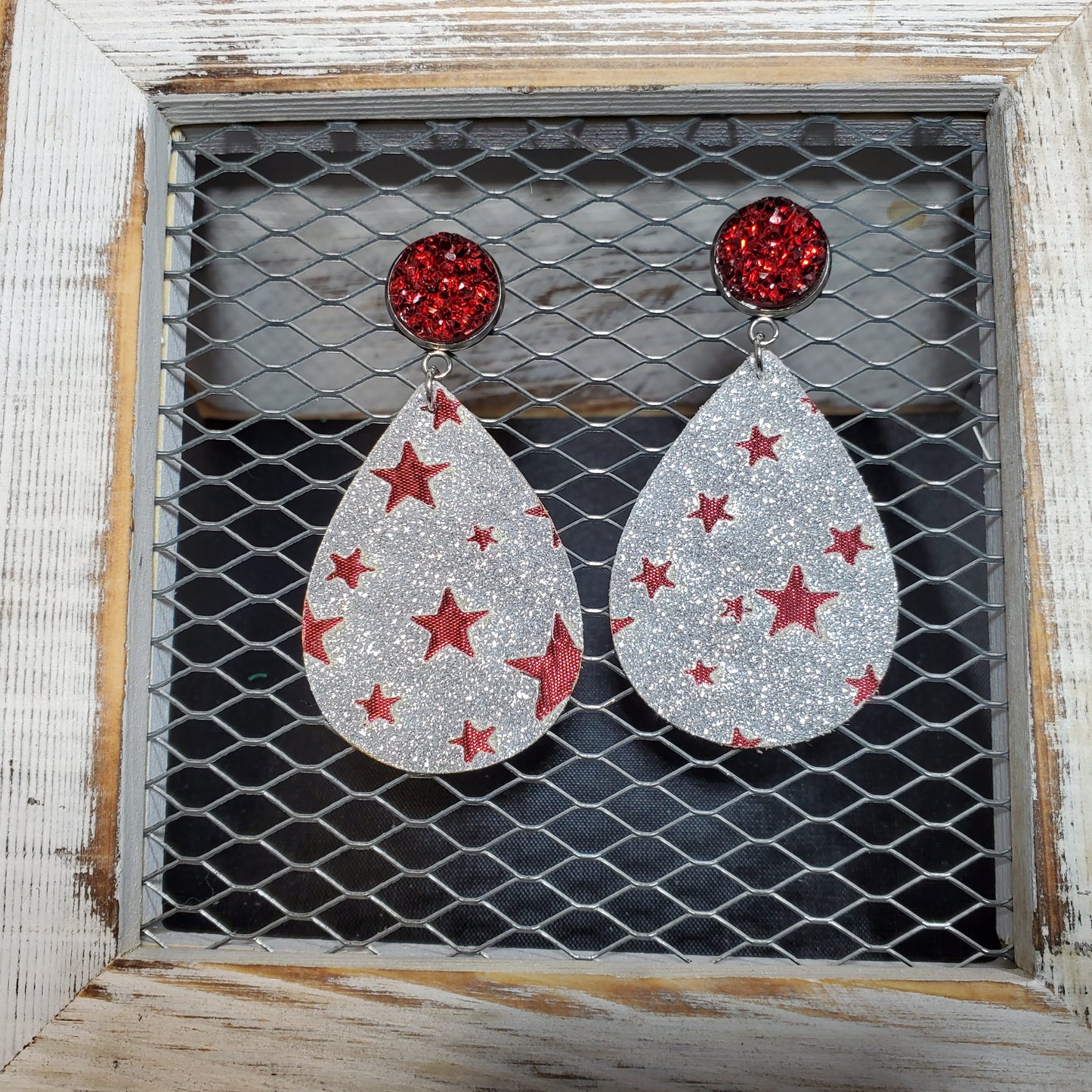 Red Stars & Silver Glitter Leather Earrings