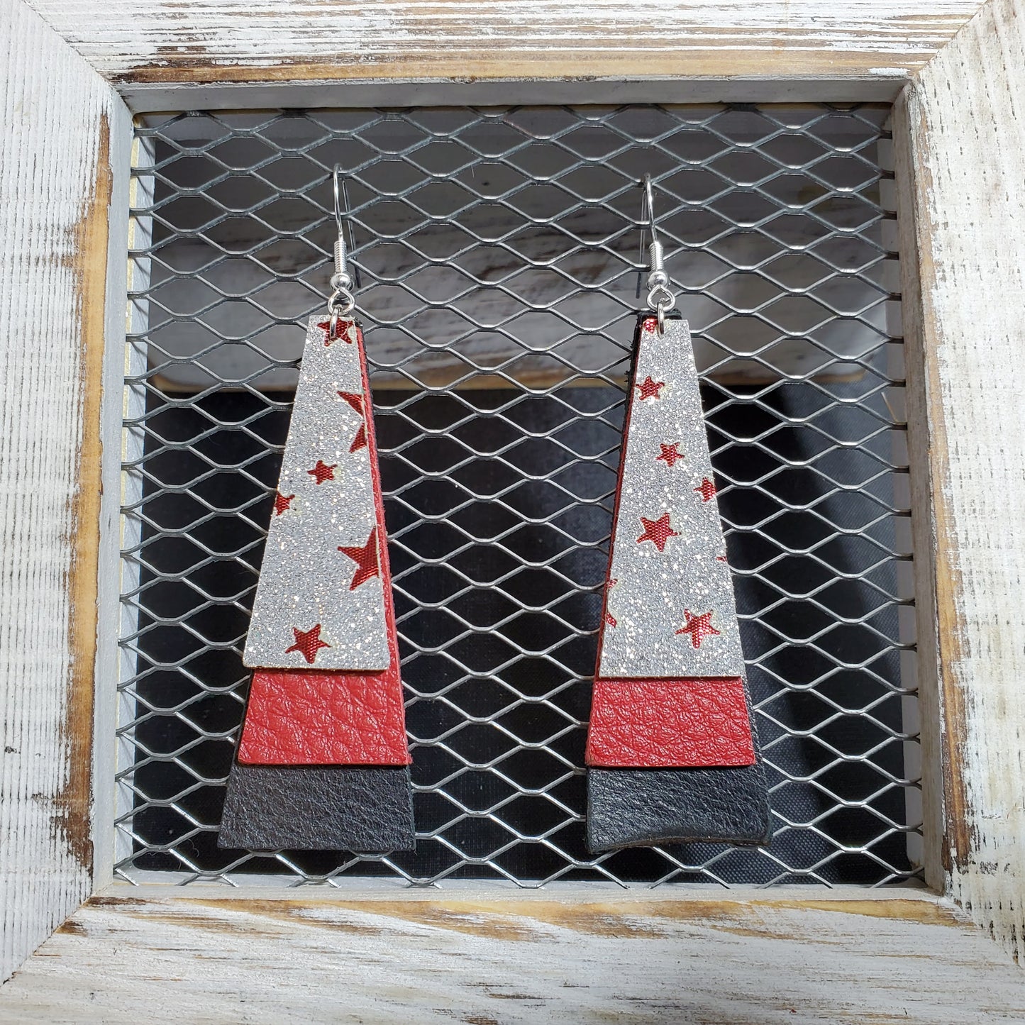 Red Stars & Silver Glitter Leather Earrings