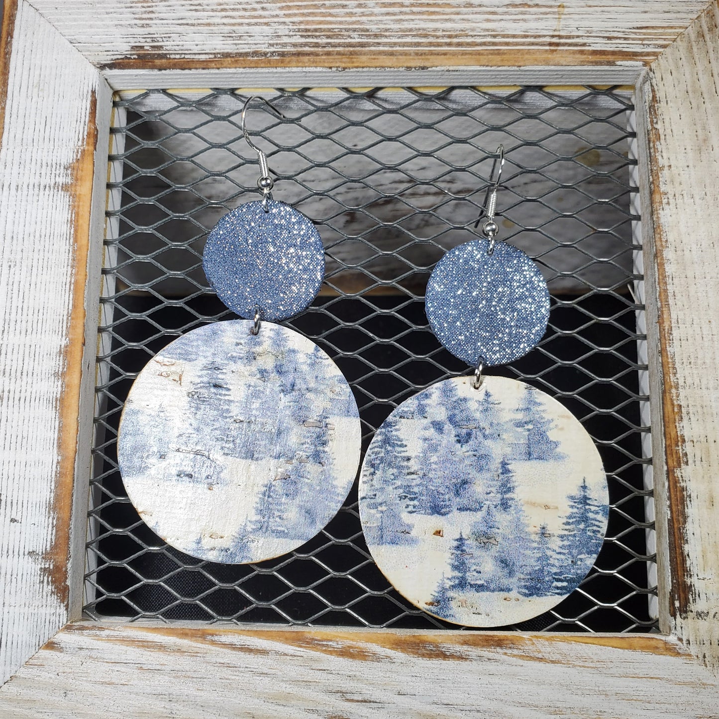 Blue Christmas Cork/Leather Earrings
