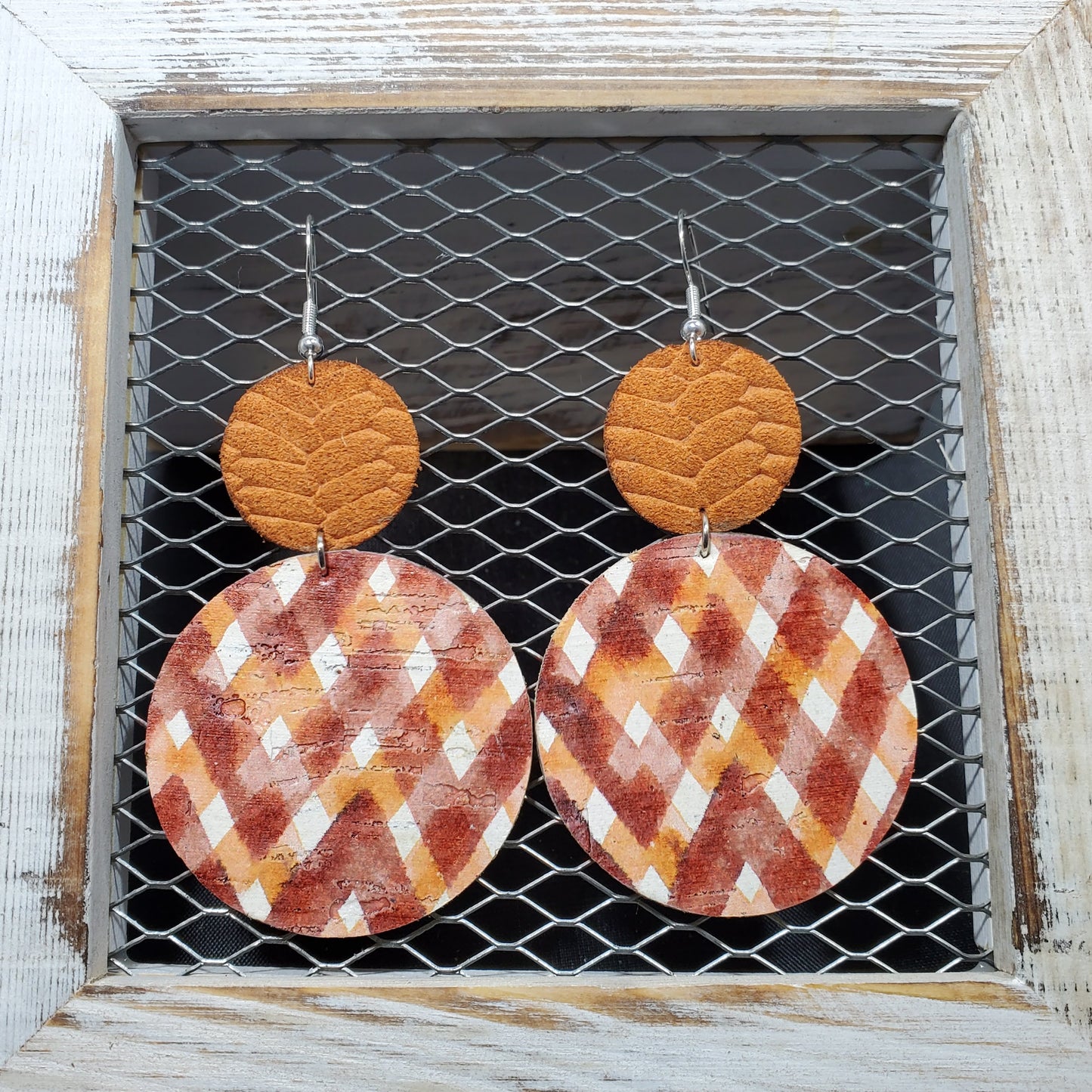 Autumn Cinnamon Plaid Leather Earrings