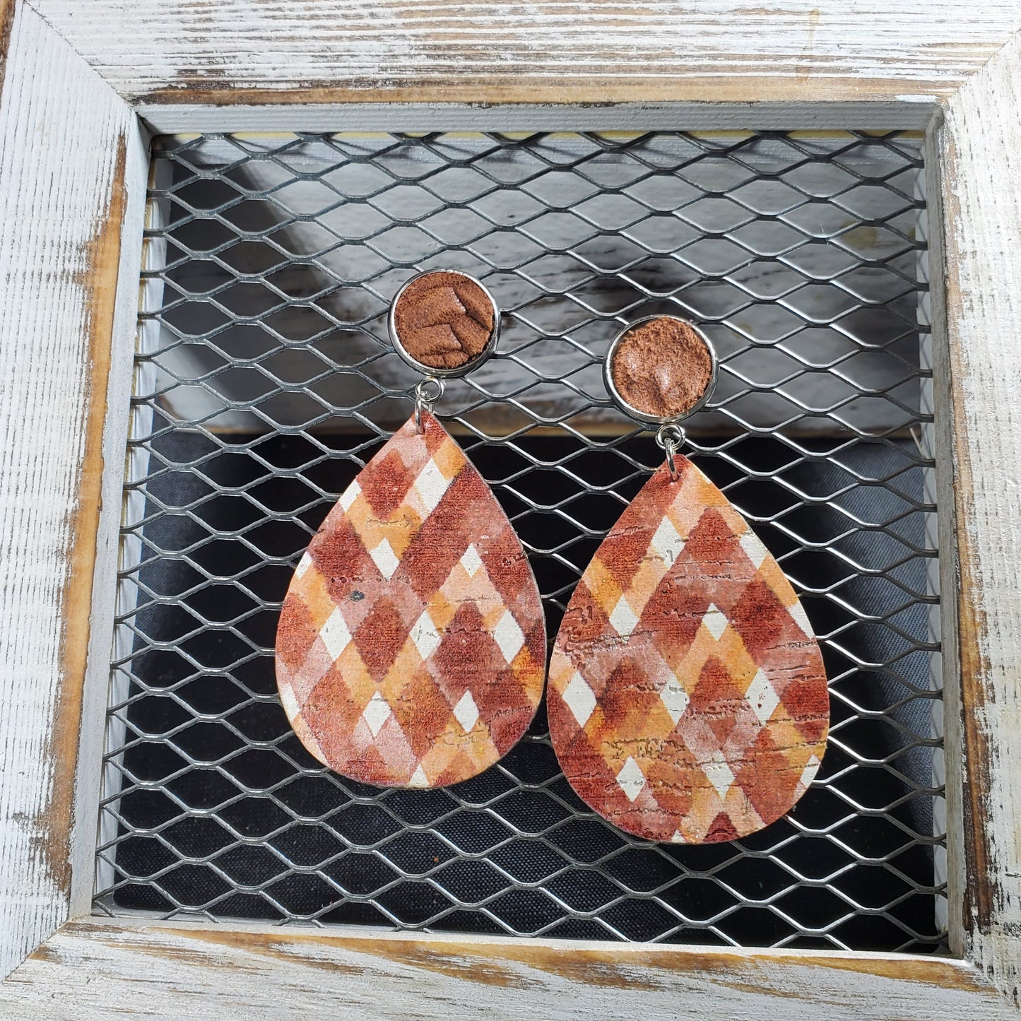 Autumn Cinnamon Plaid Leather Earrings