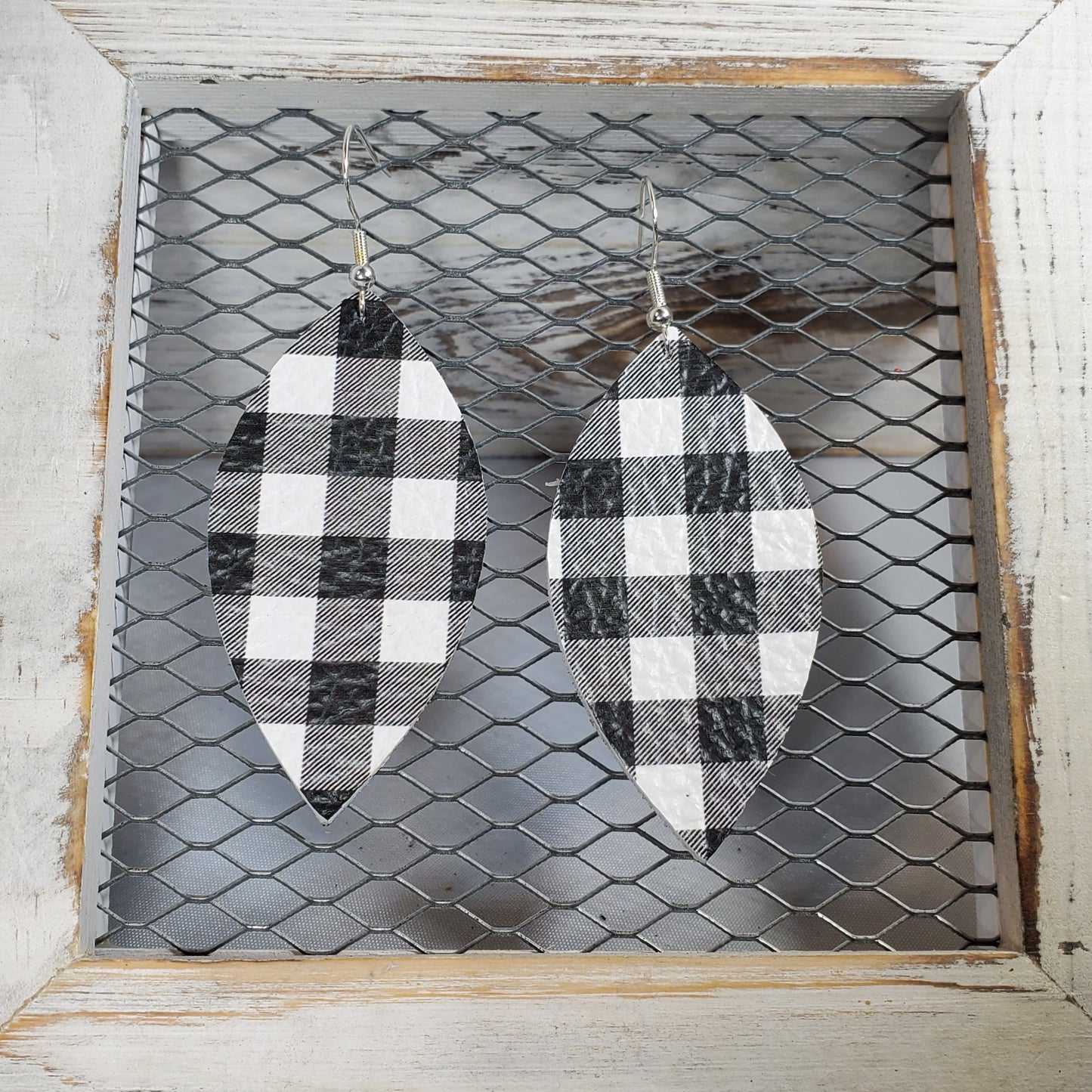 Buffalo Plaid-Black/White Leather Earrings