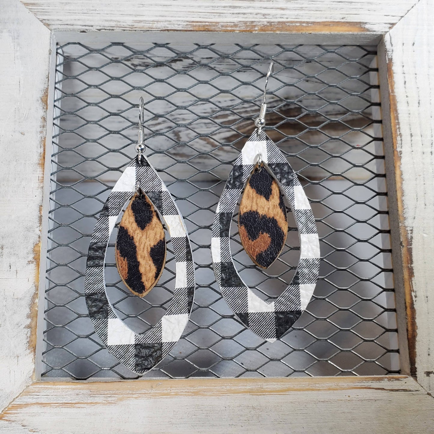 Buffalo Plaid-Black/White Leather Earrings