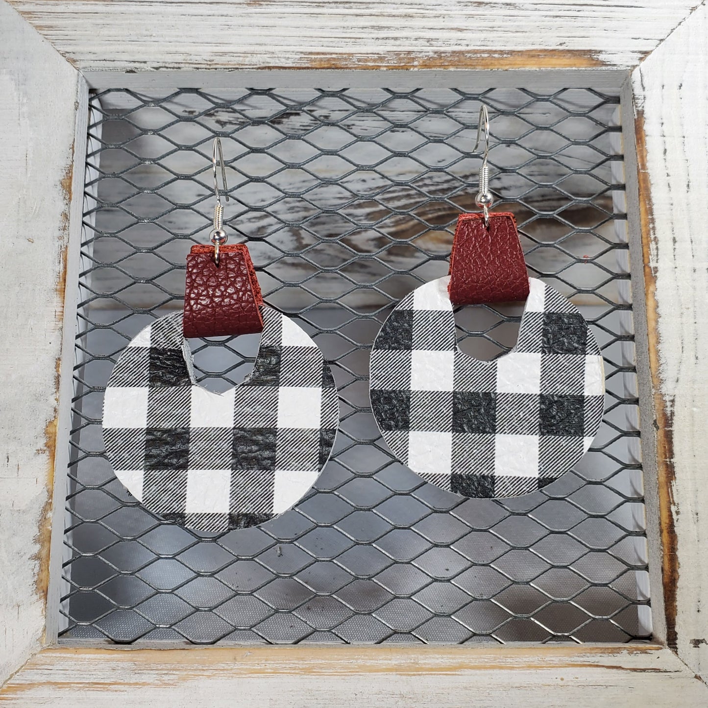 Buffalo Plaid-Black/White Leather Earrings