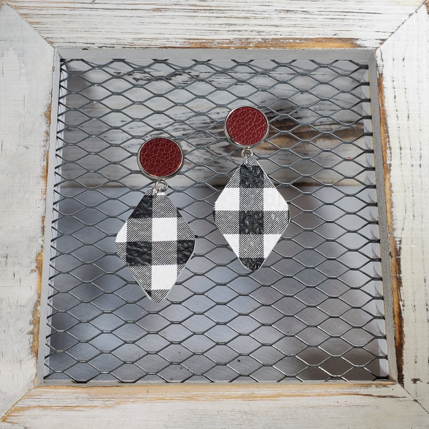 Buffalo Plaid-Black/White Leather Earrings