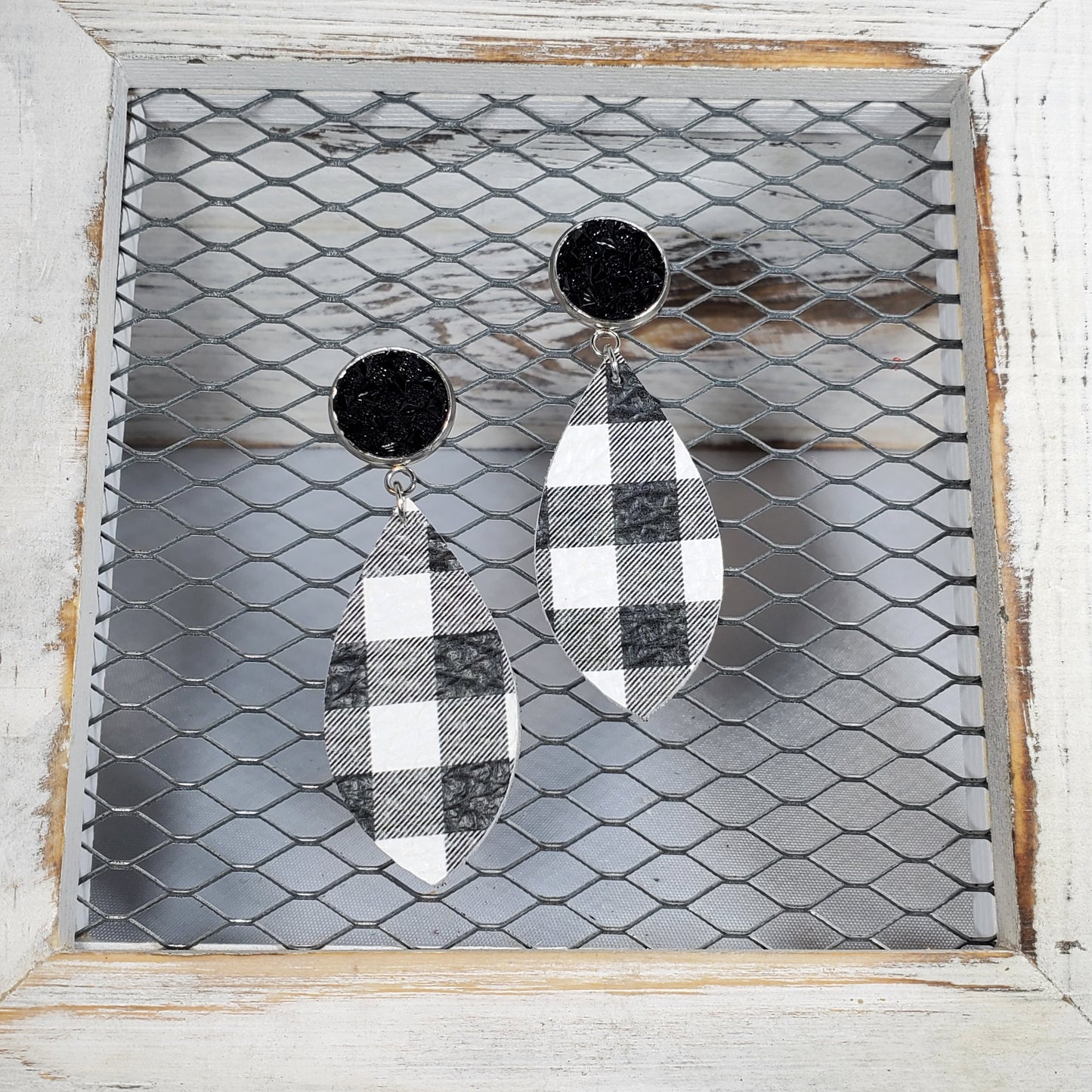 Buffalo Plaid-Black/White Leather Earrings