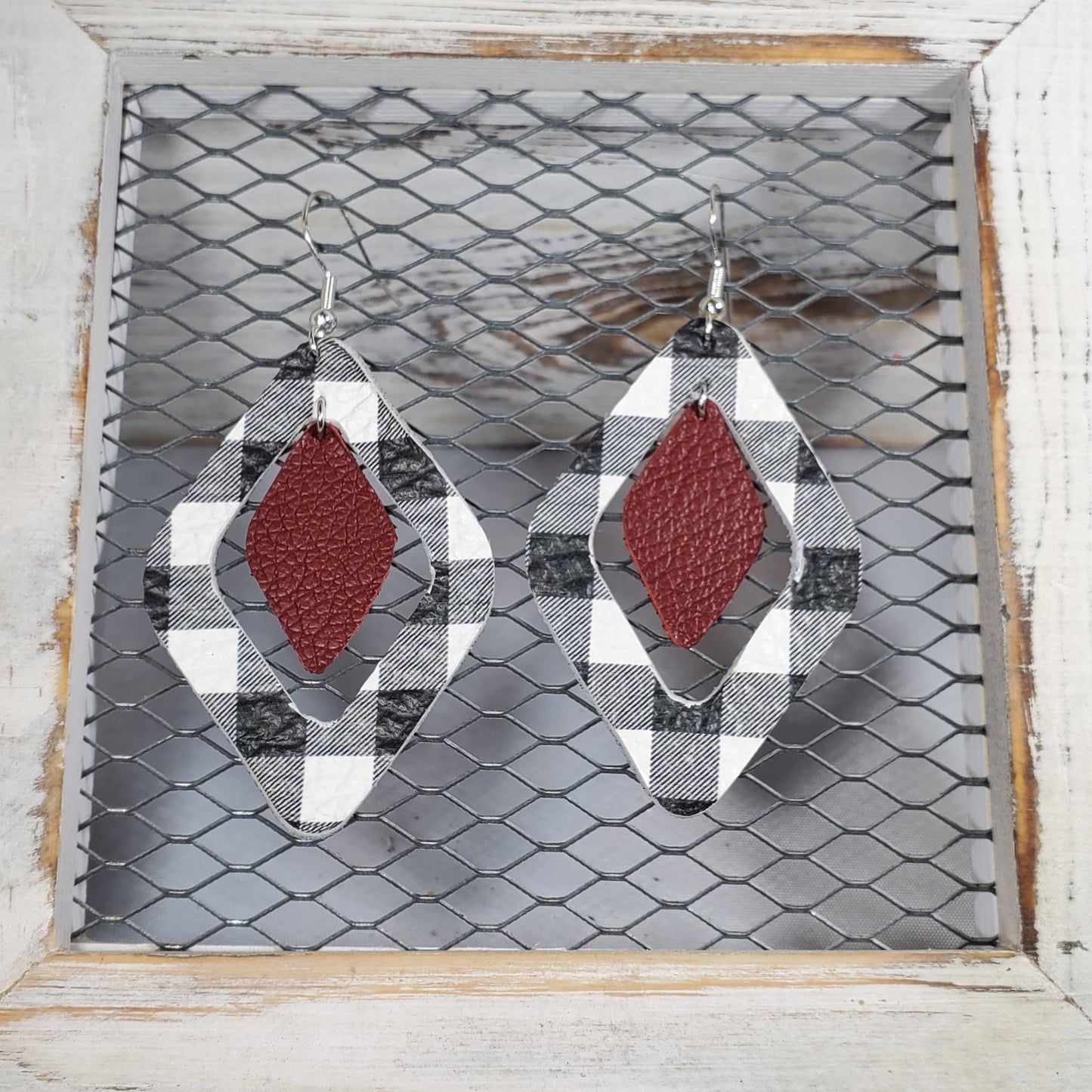 Buffalo Plaid-Black/White Leather Earrings