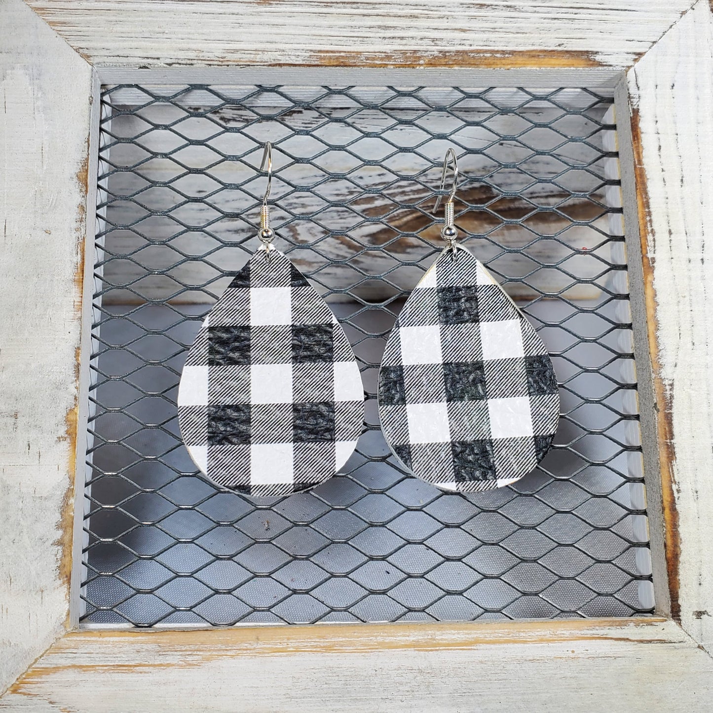 Buffalo Plaid-Black/White Leather Earrings
