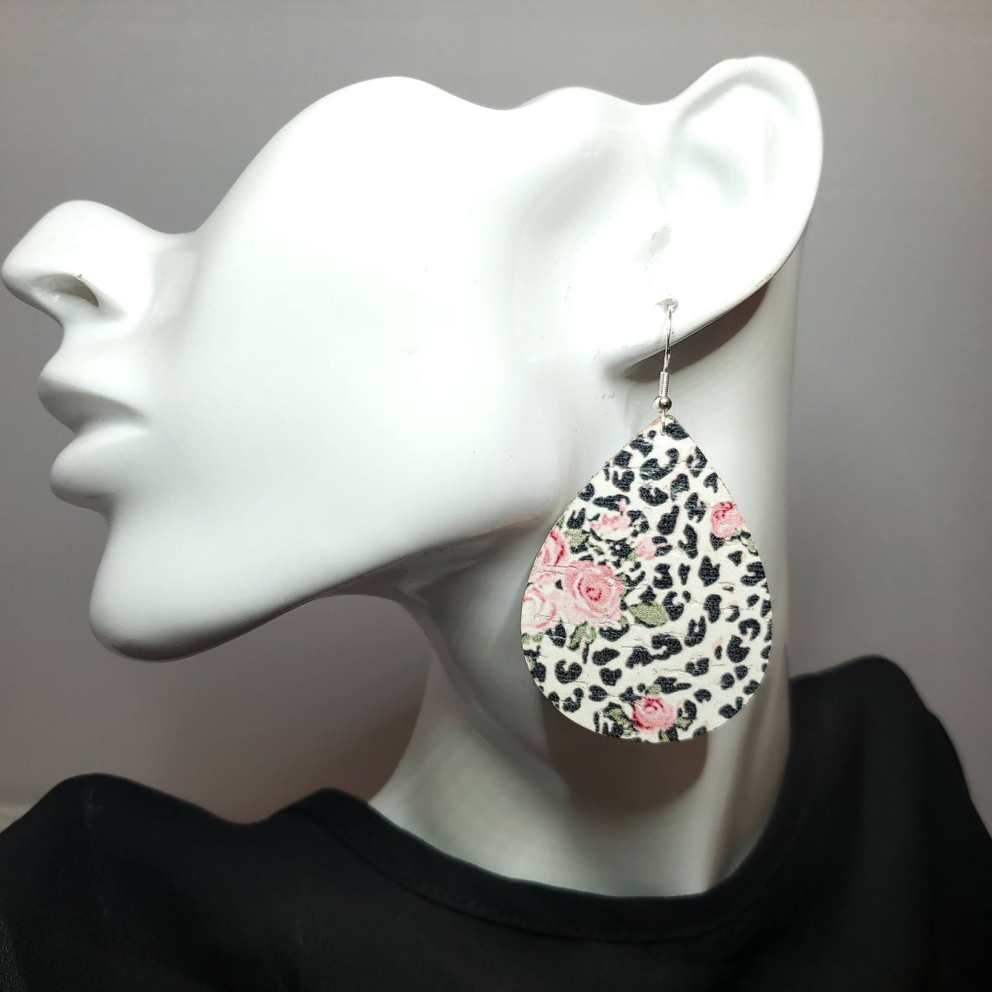 Rose Over Leopard Cork/Leather Earrings