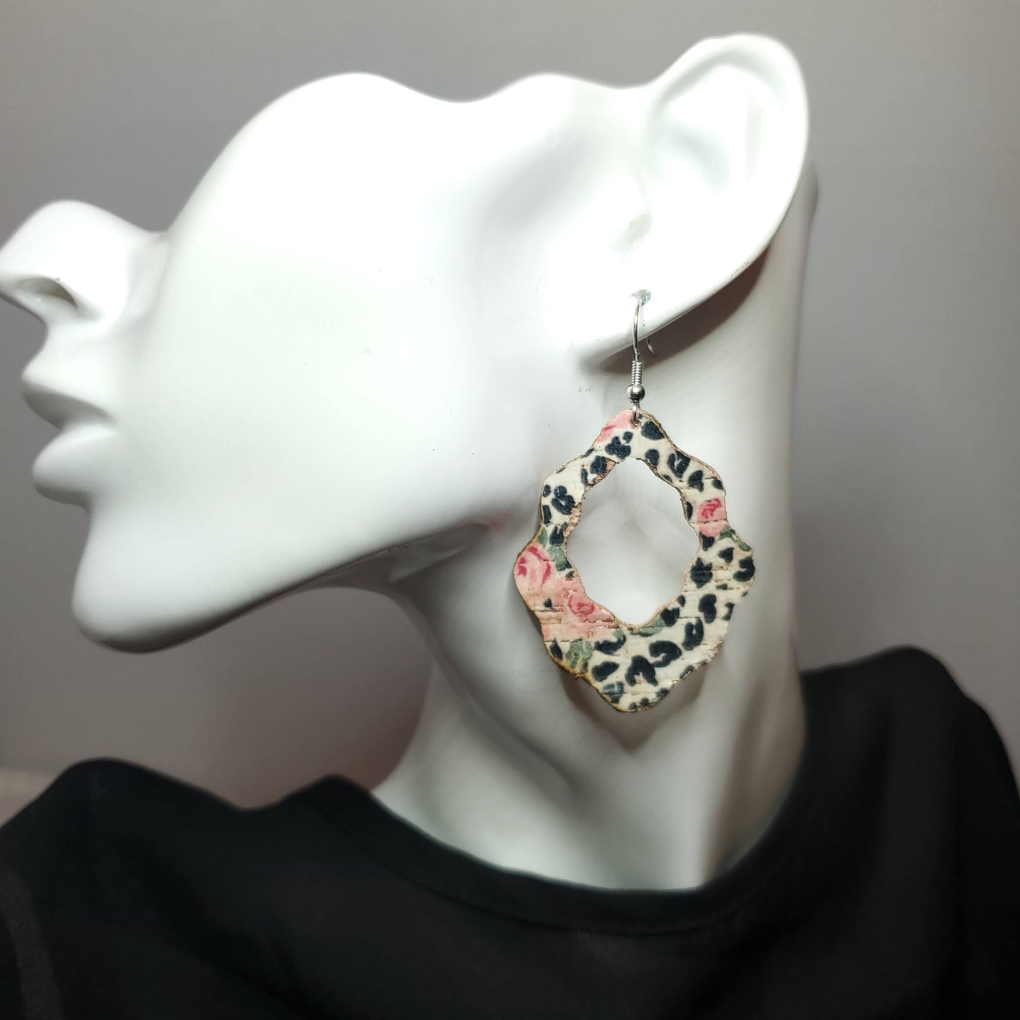 Rose Over Leopard Cork/Leather Earrings